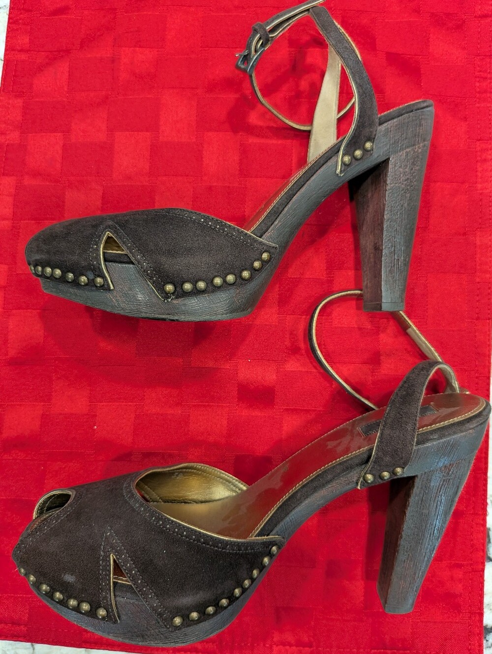 Prada Brown Suede Peep-Toe Ankle-Strap Heels with Gold Insole - Picture 7 of 10